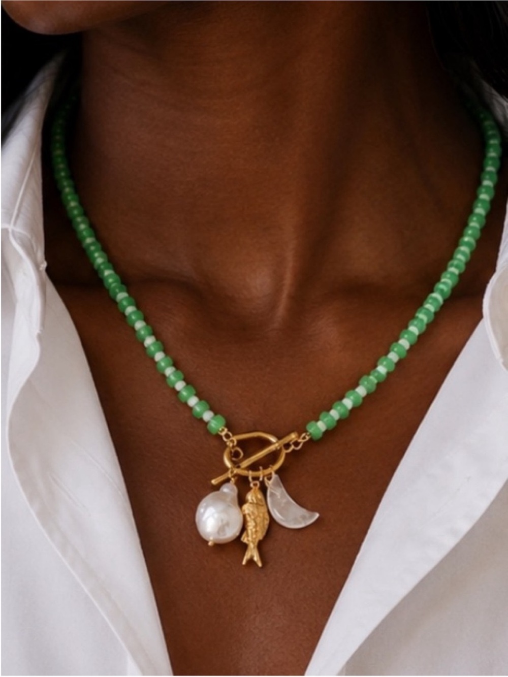 New! Coastal Green Beaded Gold Fish Charm Dopamine Necklace NWOT 5004